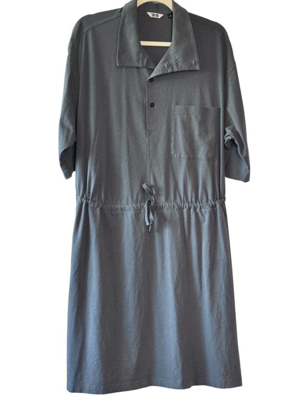Uniqlo U Jersey Half Sleeve Dress High Neck Drawstring Grey Blue Size L EUC